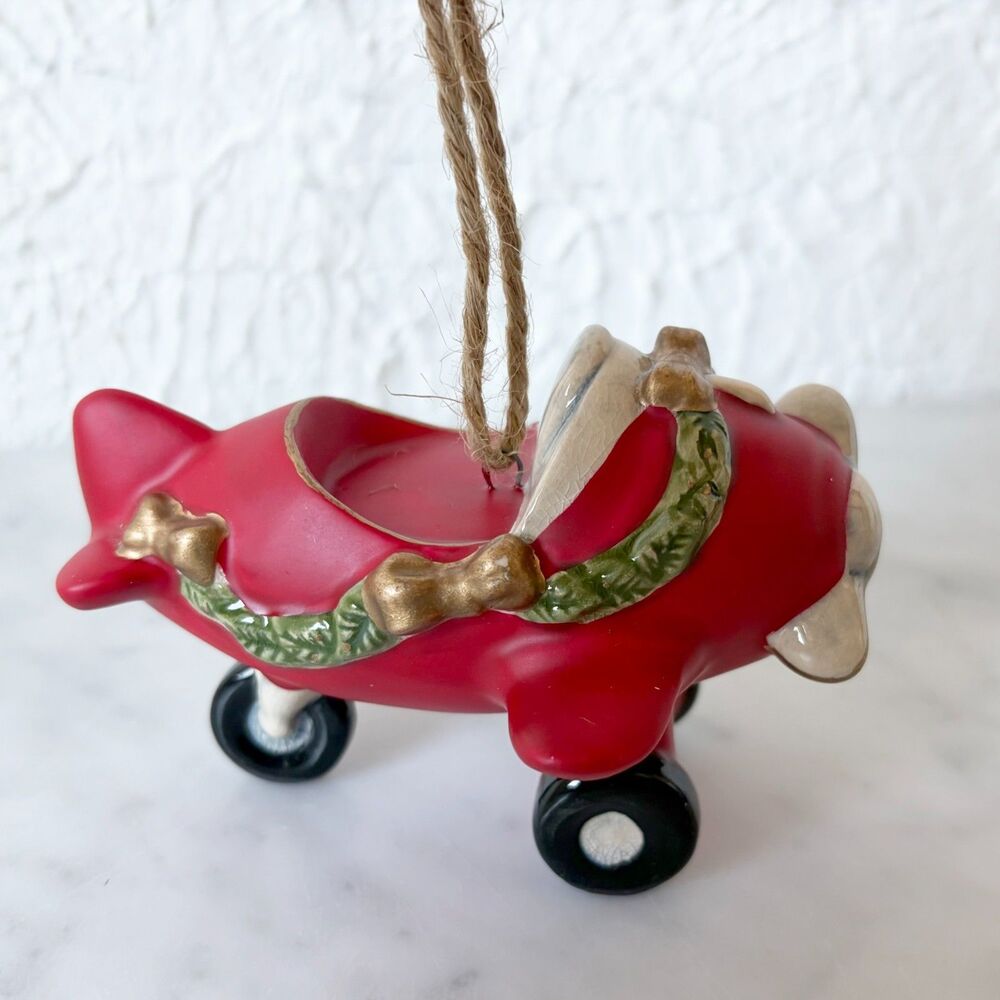 Vintage Ceramic Red Airplane Christmas Ornament Rustic Twine Hanger Holiday Deco